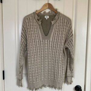 BKE Taupe V-Neck Cable Knit Sweater